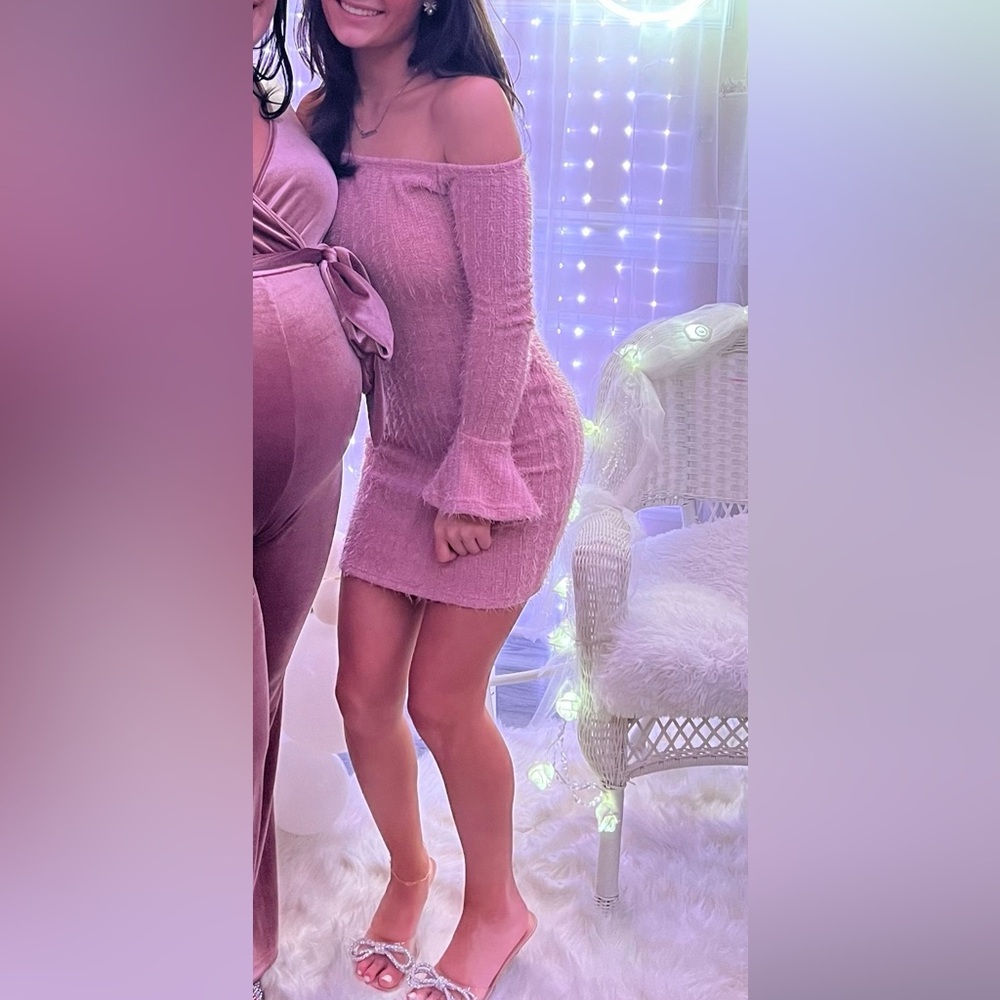 Fashion Nova Blush Pink Off-Shoulder Fuzzy Bodycon Dress